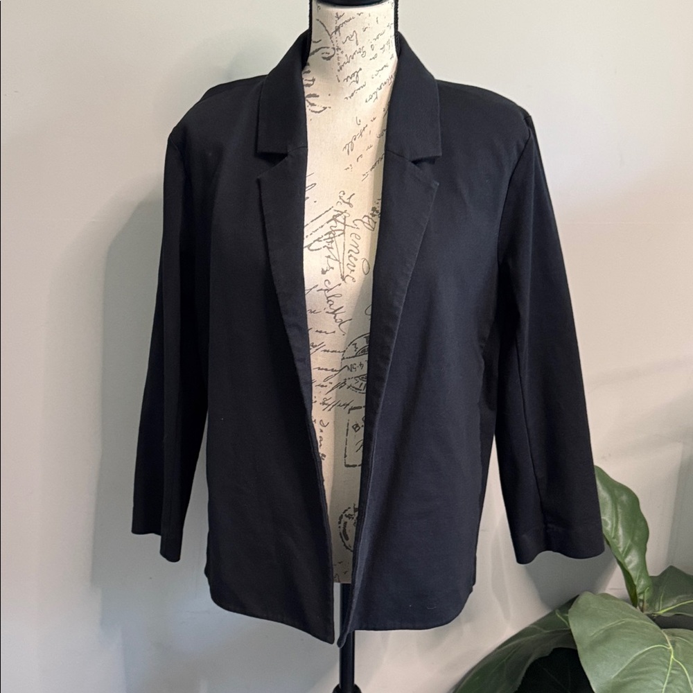 Eileen Fisher Black Organic Cotton Open Front Blazer Jacket Womens Large Minimal